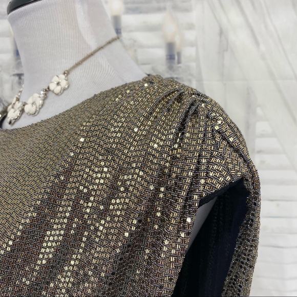 Alex Marie Dress Sequins Metallic Gold Black Sleeveless Faux Wrap Gown Formal - Picture 11 of 13